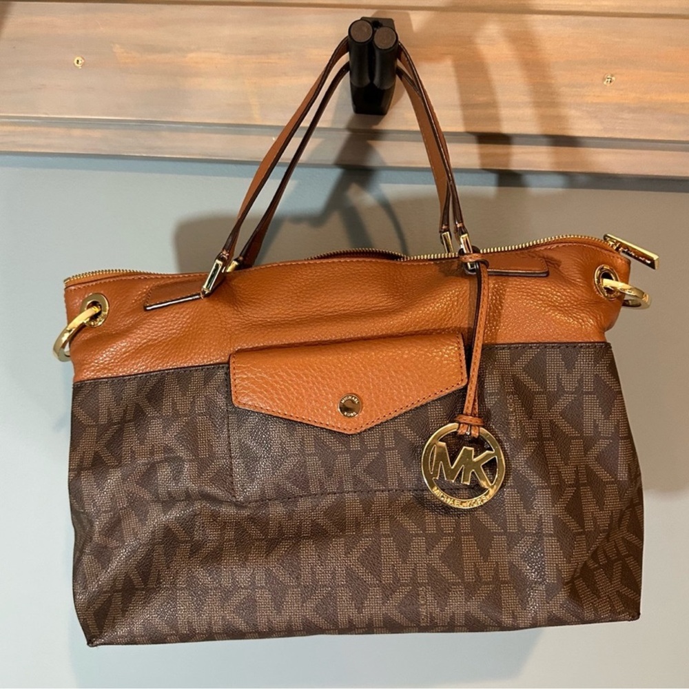 MK Brown Leather Mira Monogram Satchel Crossbody Bag with Detachable Wallet RARE